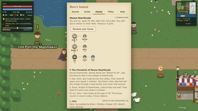 The journal’s Family page with the family tree and the house chronicle