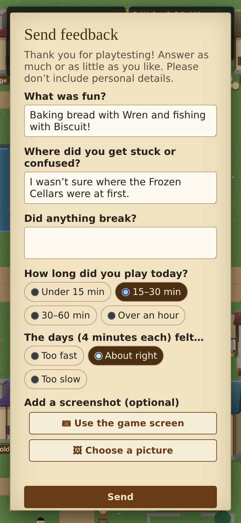 The Send feedback form on a phone, with answers filled in