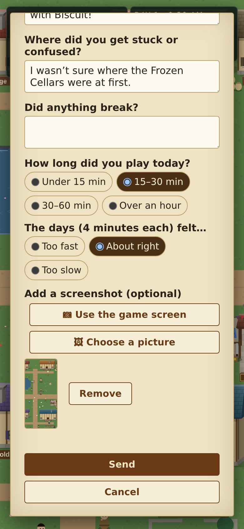 The feedback form with a picture of the game screen attached