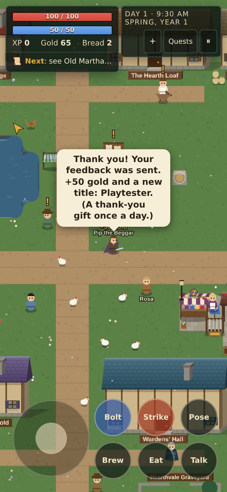 Back in the game, a thank-you message: feedback sent, 50 gold and the Playtester title