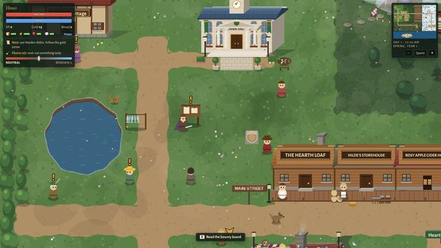 The hero by the village pond, with the Town Hall, the bounty board and the Main Street shops