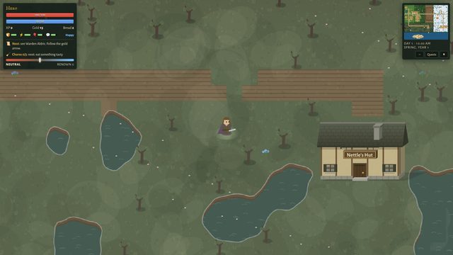 The hero walking through the misty Witchwood Marsh, past dark pools and the witch’s hut, with a soft glow underfoot