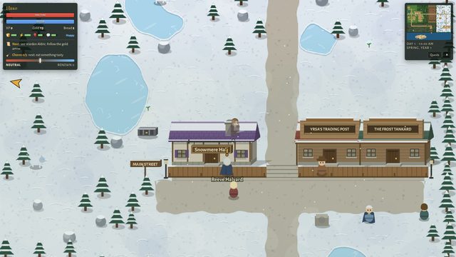 Snowmere, a snowy village with frozen lakes, pines and a trading post