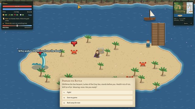 Old Brine the sea serpent rises on Gull Isle, with the Prepare for Battle menu