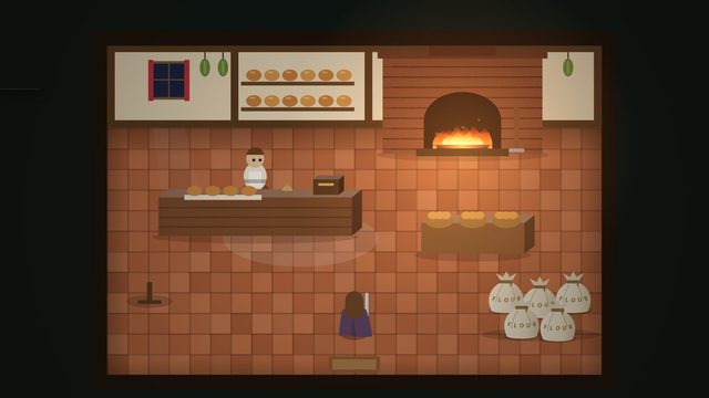 The Hearth Loaf bakery at night, lit by the glow of the brick oven