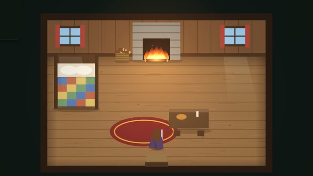 The hero’s cottage, with the fire lit and daylight falling from the windows