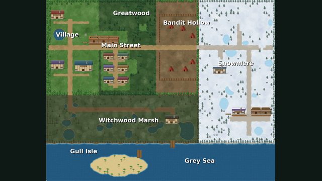 The whole world map: the village, Main Street, the Greatwood, Bandit Hollow, Witchwood Marsh, Snowmere, Gull Isle and the Grey Sea