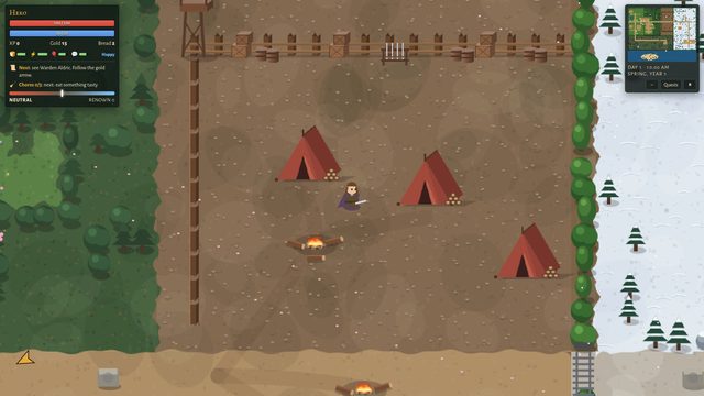 Bandit Hollow: red tents, campfires with log seats, crates along the fence and a lookout tower