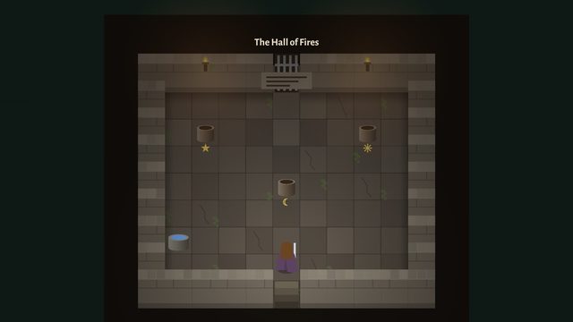The Hall of Fires, a torch-lit puzzle room of worn flagstones with three braziers