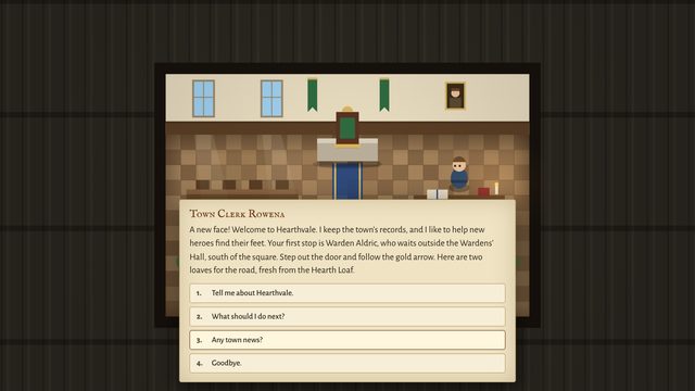 Inside the Town Hall, Town Clerk Rowena welcomes a new hero and gives two loaves for the road