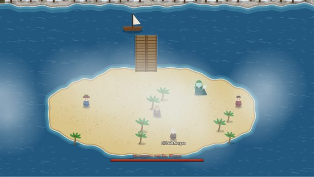 The Mist Isle in fog, with three lost sailors and Morwenna the Sea Witch
