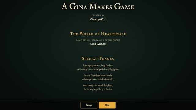 The storybook credits roll: A Gina Makes Game, created by Gina Lyn Cox
